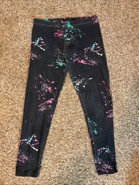 SO Kids Black Leggings with Pink, Teal & White Paint Splatter